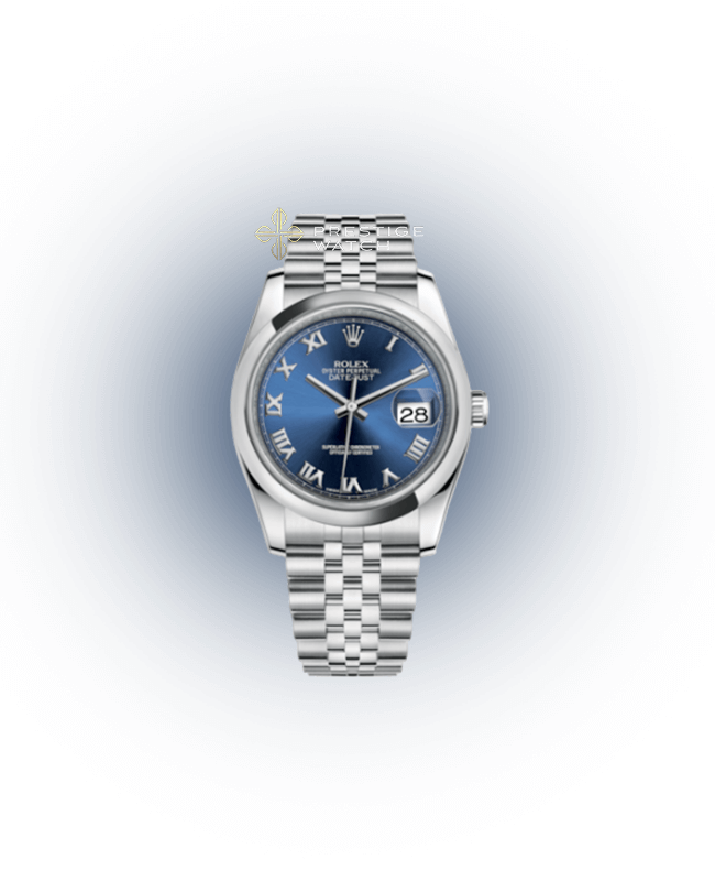 116200 Datejust 36 with Azzuro Blue Roman dial and Oystersteel case and bracelet.