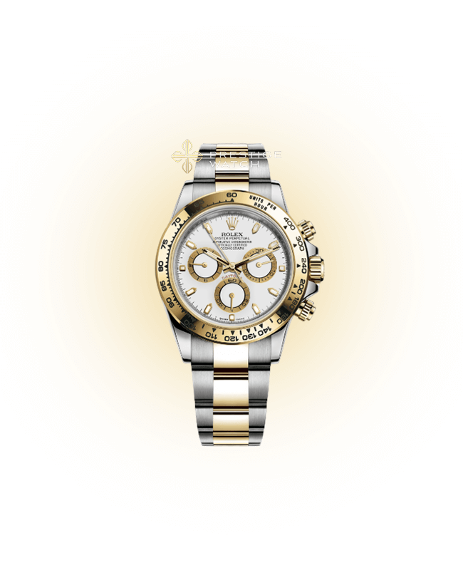 116503 Daytona Cosmograph in Oystersteel with yellow gold bezel and white dial, showcasing a luxurious design.