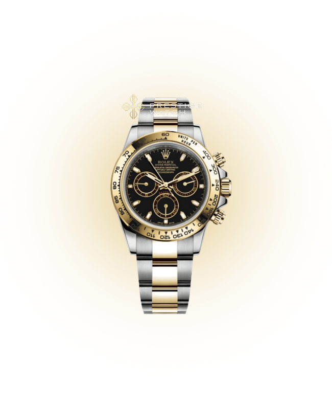 116503 Daytona Cosmograph with black dial, yellow gold bezel, and oystersteel bracelet, new old stock condition.