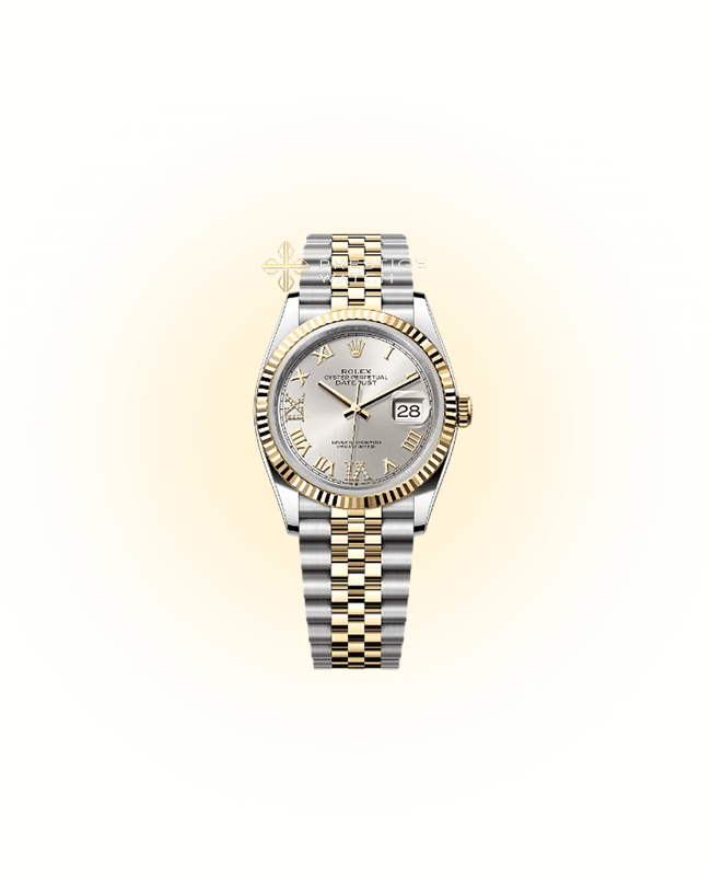 126233 Datejust 36 with silver Roman dial, yellow gold bezel, and oystersteel Jubilee bracelet.