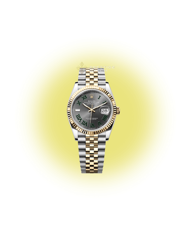 126233 Datejust 36 luxury watch featuring slate dial, yellow gold bezel, and Jubilee bracelet.