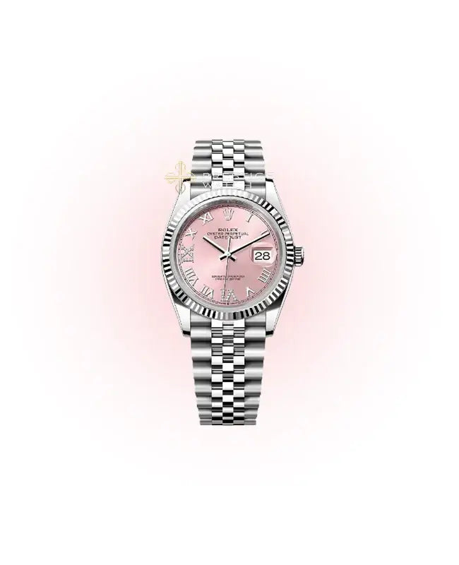 126234 Datejust 36 watch with pink Roman dial and diamond accents in Oystersteel casing.