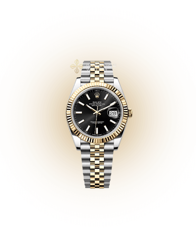 126333 Datejust 41 watch with bright black dial, yellow gold bezel, and jubilee oystersteel bracelet.