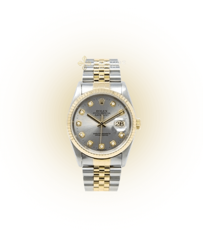 16233 Datejust 36 luxury watch with silver dial and diamond accents, yellow gold bezel and Oystersteel bracelet.