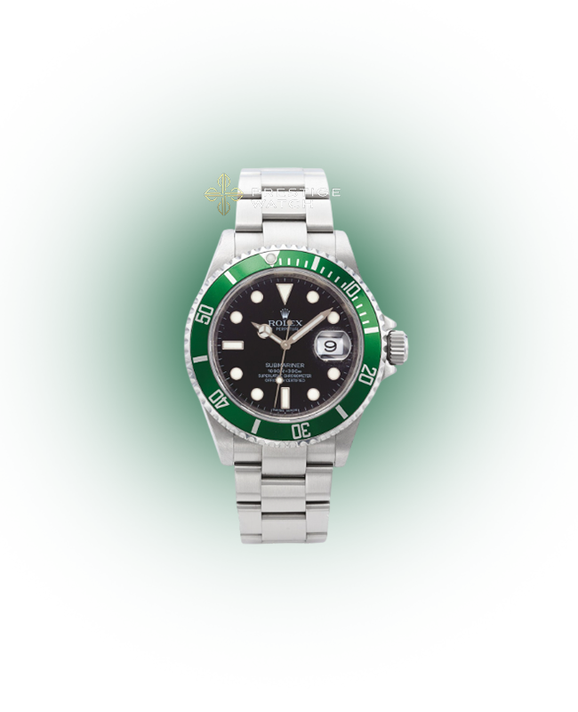 16610LV SUBMARINER DATE Kermit luxury watch with green bezel and black dial on oyster steel bracelet.