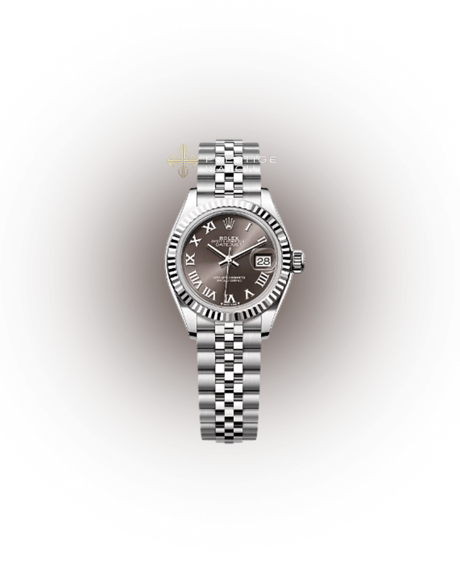 279174 Datejust 28 watch with dark grey Roman dial and white gold bezel on Oystersteel bracelet.