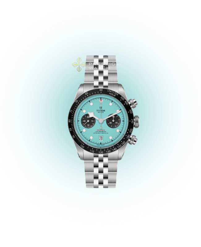 M79360N-0024 Tudor Black Bay Chrono (Turquoise Blue) wristwatch with turquoise blue dial and stainless steel strap.